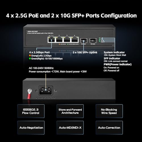 Image of Binardat 6 Port 2.5G PoE Switch with 2x10G SFP+ Port, 4x2.5G Base-T Ports Compatible with 100 /1000Mbps, IEEE802.3af /at 78W, Unmanaged Fanless Rackmount Ethernet Switch