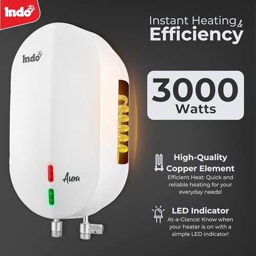 Image of Indo Aura 3 Litres Instant water heater (Geyser) with 4 Layer Safety | 3000 W heating element | Rust proof body | 2 Years Product warranty | 5 years tank warranty | (White)