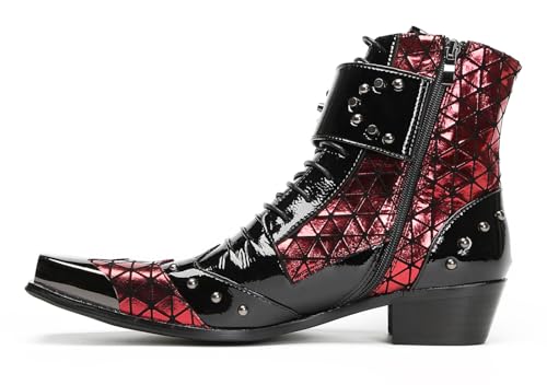 Santimon Men's Leather Western Cowboy Boots - Dress Casual Metal-Square Toe Oxfords Ankle Boots with Zipper & Double Buckle for Party Disco & Ballroom2