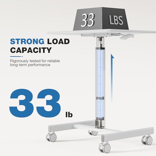 Image of OLIXIS Mobile Standing Desk with Wheels Small Rolling Laptop Desks Portable Pneumatic Adjustable Height Sit Stand Table Computer Workstation for Home Office White