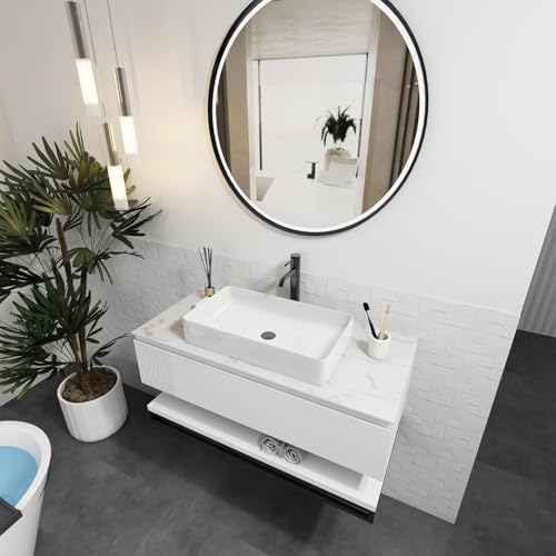 Image of QUALITO Wash Basin Countertop | Tabletop Ceramic Bathroom Sink | Wash Basin Over Counter | Wash Basin For Bathroom (24 x 14 x 5 Inch) (Glossy White)