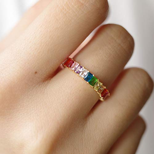 Michooyel Sterling Silver Eternity Rainbow Ring Band Ring for Women 18K Gold Plated Baguette Multicolor Cubic Zirconia Eternity Ring2