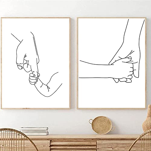 Image of Mom & Baby Hands Line Art Prints Fashion Women Art Print Newborn Gifts Line Prints for Wall Decor Black And White Line Art Wall Decor Family Love Canvas Wall Art for Nursery Kids Room Decor Frameless (16x20inchx2 Unframed)