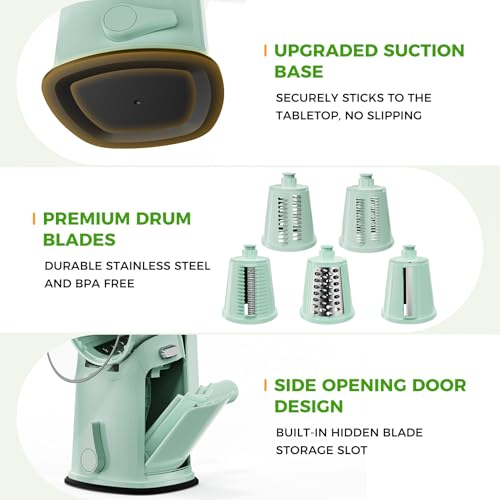 YSEPOZ 7 IN 1 Upgraded Rotary Cheese Grater with Handle – Vegetable Shredder with Built-in Storage Blade Slot, 5 Versatile Blades, Strong Suction Base Round Mandoline Slicer, Food Chopper for Kitchen — view 6