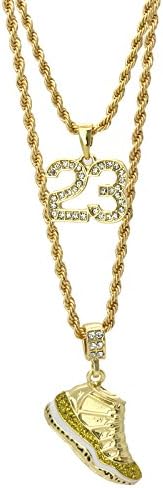L2JK Men's Gold Plated Hip Hop Retro 11 Shoe Collection & Small 23 Pendant 24" & 30" Rope Chain Costume Made (Championship)