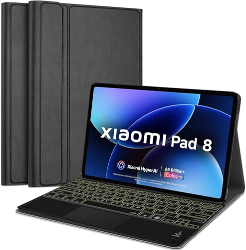 Image of HOM Tri-Fold 7-Colour Backlight Detachable Wireless Bluetooth Keyboard with Trackpad /Touchpad Tablet Cover Case for Xiaomi Mi Pad 8 /8 Pro Tablet 11.2 inch