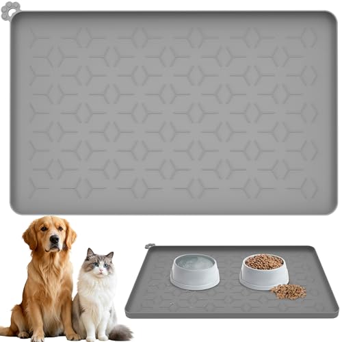 Tappetino Ciotola Cane, Tappetino Ciotole Gatto con Bordo Rialzato di 1,5 cm per evitare fuoriuscite, Tappetino Antiscivolo in Silicone Alimentare, Tappetino Ciotole Cane Facili da Pulire, 60x40 cm