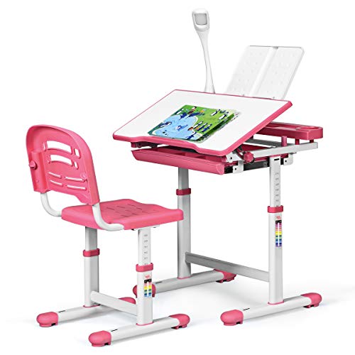 Genérico Escritorio y Silla para Estudiantes, Mesa de Estudio Escolar con lámpara LED, Escritorio inclinable y cajón, Altura Ajustable para niños (Gris) (Rosa)