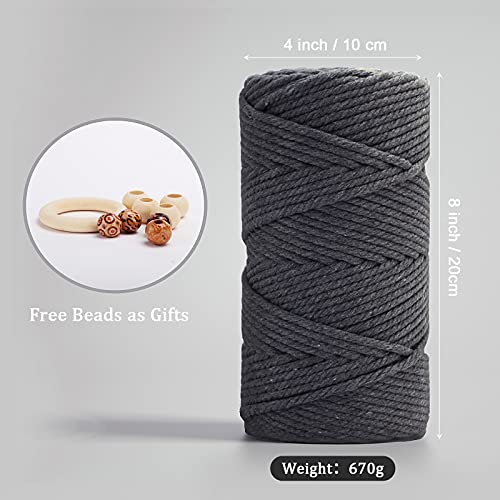 Image of ZUEXT Macrame Cord, Gray, 5mm x 109yds Cotton String Macrame Yarn | 100% Natural Handmade, 4 Strands Twisted Cotton Rope, For Wall Hanging Plant Hangers Gift Wrapping Tapestry DIY Crafts, 100m