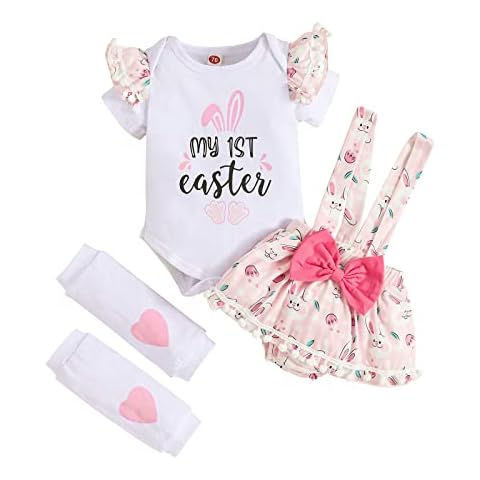 Guodeunh My First Easter Baby Girl Outfit Newborn 1st Easter Clothes Short Sleeve Bunny Romper Rabbit Suspender Skirt Set, Pink, 3- 6 Months Cover