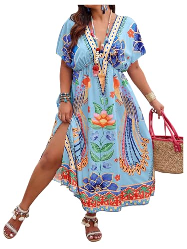 Image of Floerns Women's Plus Size Tribal Print Dolman Sleeve Slit Summer Maxi A Line Dress