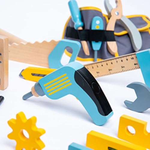 Image of Wudly Wooden Tool Kit with Belt Toy - Ideal Toys for 4 Year Boy, Construction Toys, Montessori Toys for 3 Year Old, Tool Kit for Kids, Wooden Toys for Kids 2 Years