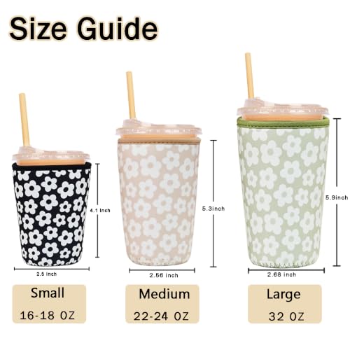 Image of Reusable Insulated Sleeve for Iced Coffee Cup, 3-Pack Coffee Neoprene Drink Sleeve for Cold & Hot Drinks, Beverage Holder for Iced Coffee (Daisy Trio)