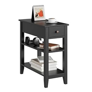 ELUREVIA Beistelltisch Couch, Schmaler 3-stöckiger Beistelltisch mit Schublade und Ablage, Sofatisch für Wohnzimmer und kleine Räume, Schwarz