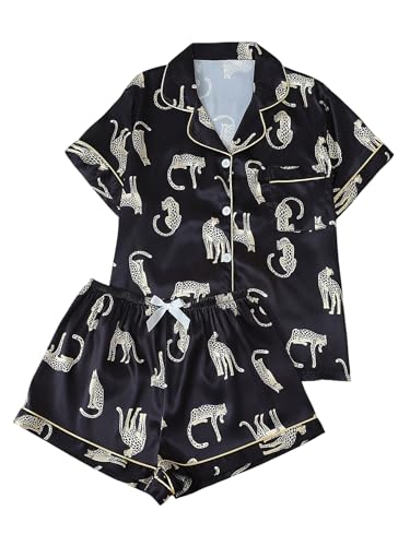 Image of SHENHE Women's 2 Piece Satin Pajama Set Leopard Short Sleeve Button Down Pj Shorts Set Black Small