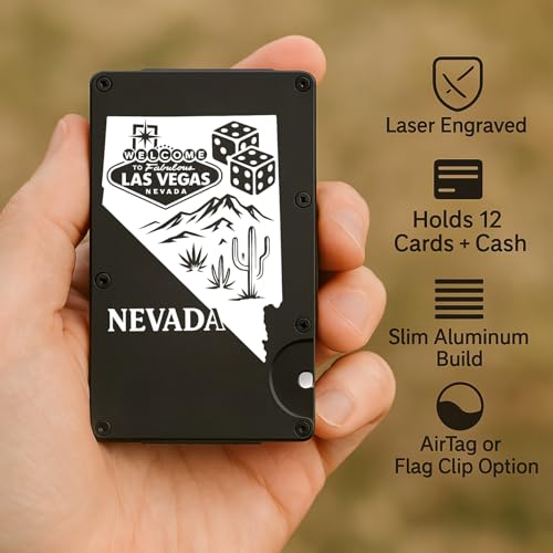 Las Vegas Wallet – Laser Engraved RFID Blocking Minimalist Wallet for Men – Nevada State Outline – AirTag-Compatible Card Holder – Dice Gambling Gift (Classic, Obsidian Black)2