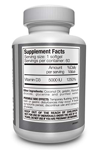 Vitamin D3 5000 Iu- New Formula: Paleo Life Vitamin D3 5000Iu Premium High Potency With Coconut Oil - 60 Capsules. (1) #TOP1