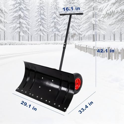 Heavy-Duty 29" Wide Snow Plow with Adjustable Handle & Blade Angle for Efficient Driveway Snow Removal - Durable Wheeled Design (Black)