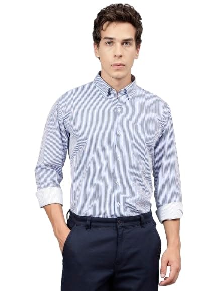 Image of Hancock Standard Slim Fit Striped Button-Down Collar Pure Cotton Casual Shirt(9607White-Red)