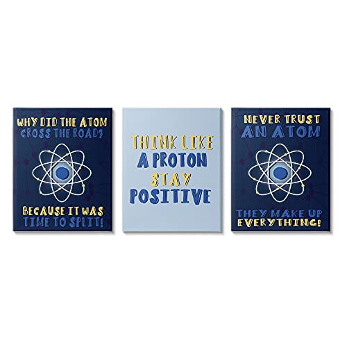 Image of 'Atom Cross The Road Scientific Humor Blue'| 3pc Canvas Art Set | Stupell Industries | 24 x 30 Inches, Easy to Hang and Sturdy, Made in USA, by Lil' Rue