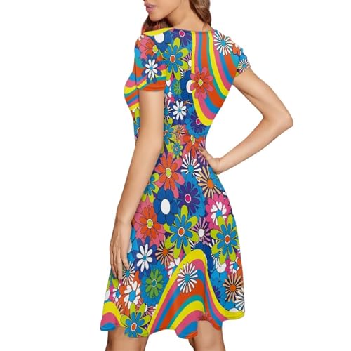 Image of POLERO Sunflower Dress for Women Floral Summer Dresses Short Sleeve Casual Sundresses Midi Dresses