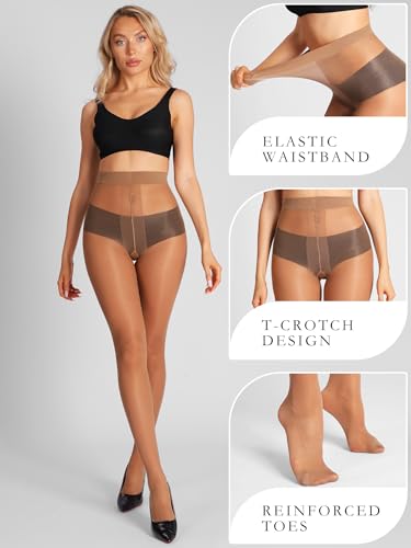 MERYLURE Sheer Black Tights for Women T-Crotch 20D Ultra Thin Pantyhose High Waist Stockings Reinforced Toes 2 Pairs3