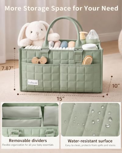 Lullawee Baby Diaper Caddy Organizer, Portable Nursery Storage Basket with Handle for Newborn Boy or Girl, Gift for Baby Shower Essentials, Registry Must Have Bag, Caddie Car Organizer, Green — view 3
