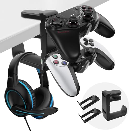 OBYCPIN 2-in-1 Kopfhörer & Controller Halter – Untertisch Klemmbare Headset Halterung 360° Drehbar mit Kabel-Clip, Doppel Ablage für PS5 / Xbox/Switch/PC Gaming, rutschfest,...