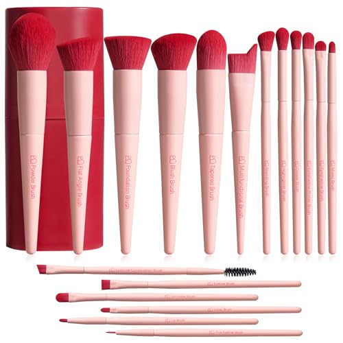Image of BS-MALL Makeup Brush Set 18 Pcs Premium Synthetic Foundation Powder Concealers Eye shadows Blush Makeup Brushes with black case (Pink Red)