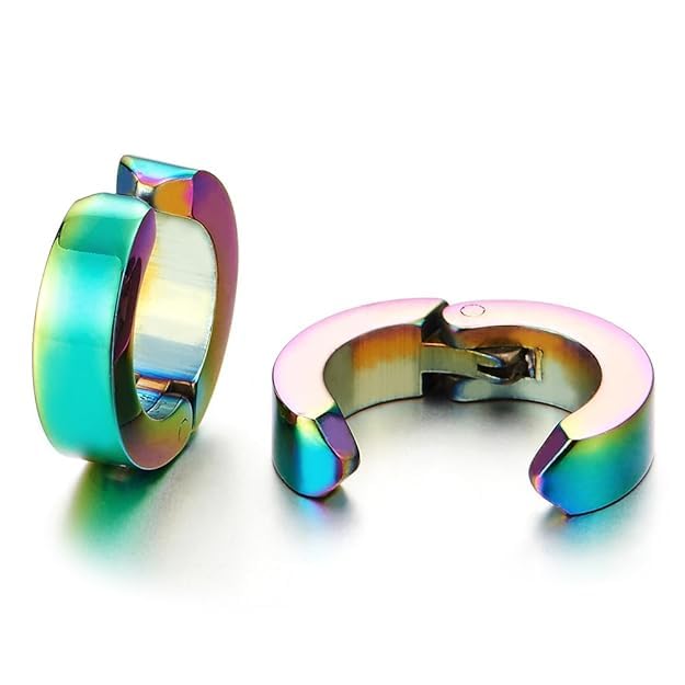 Pair Steel Rainbow Huggie Hinged Hoop Earrings Non-Piercing Clip On Earrings for Men Women-image-38