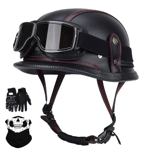 Estilo Alemán Motocicleta Medio Casco, Unisexo Vendimia Cuero Medio Casco con Gafas Máscara Guantes, ECE Certificado, para Moto Vespa Helicóptero Ciclomotor(Z7,M/55 57CM)
