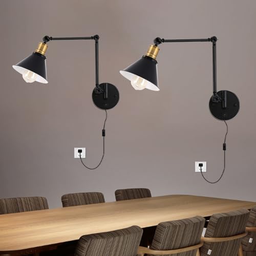 Lámpara de Pared Retro E27 con Interruptor, lámpara de Brazo oscilante Largo Ajustable, de Hierro Industrial Negro, decoración Interior para Dormitorio y Oficina.