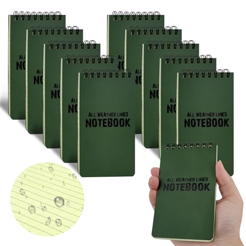 10 Packs All Weather Shower Waterproof Notebook, MOAMUN Pocket Size Tactical Notepad Top Spiral Memo Notes Green Grid Paper Eye Protection for Outdoor Activities Recording (3.2 x 5.5 in)