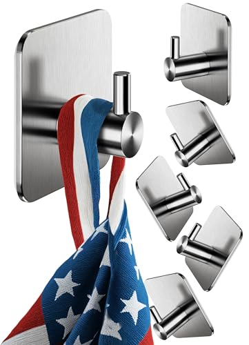 Menz 6-Pack Adhesive Towel Hooks for Bathrooms, Stainless Steel -
