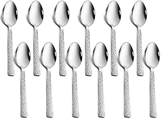 Teaspoons, Herogo 12-Piece Stainless Steel Teaspoons Set, 14 cm Hammered Handle Coffee Spoon for Coffee, Tea, Dessert, Cake, Mirror Finish & Dishwasher Safe, Metal Silver