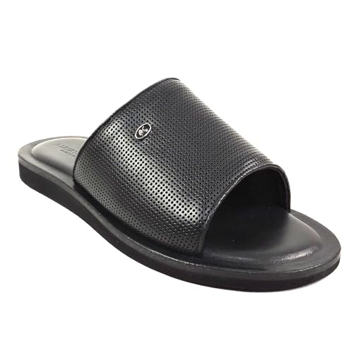 Men's Perforated Leather Slide Sandals, Black, Comfort Flat Summer Style, Size 42.5 Made in Italy3