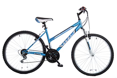 Image of Titan Women's 18-Speed Pathfinder Front-Suspension Mountain Bike, Baby Blue, 17-Inch Frame, 26-Inch Alloy Wheels