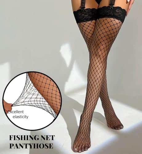 Image of Women Sexy Tights Fishnet Stockings Thigh High Lace Top Silicone Stay Up