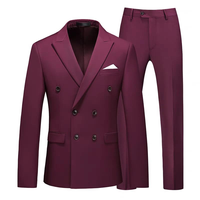 Men's Double-Breasted Suit Set, 2-Piece Slim Fit, Peak Lapel Blazer with Dress Pants