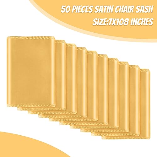 Bouiexye 50 PCS Gold Satin Chair Sashes Bows Universal Chair Ribbon Ties Back Sash for Wedding Party Reception Events Banquets Hotel Event Chair Cover Decoration (7x108 inch)