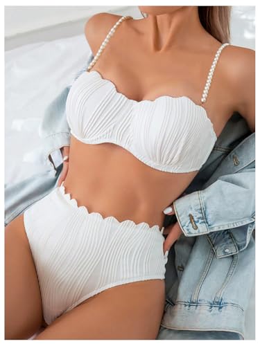 MakeMeChic Women's 2 Piece Bikini Set Textured Pearl Beaded Strap Scallop Trim High Waist Swimsuit4