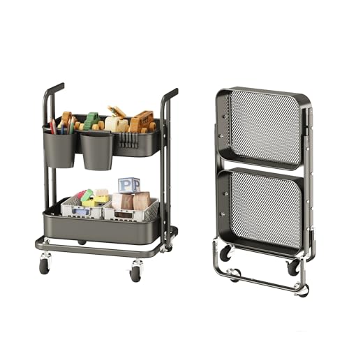 Image of DTK 2 Tier Foldable Rolling Cart, Metal Utility Cart with Lockable Wheels, Folding Storage Trolley for Living Room, Kitchen, Bathroom, Bedroom and Office, Black