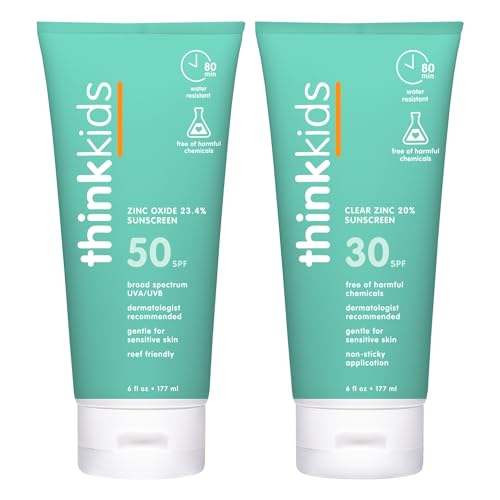 Image of Thinkkids SPF 50+ Mineral Sunscreen, 6 oz + Thinkkids SPF 30 Clear Zinc Oxide Sunscreen, 6 oz, Water Resistant, Broad Spectrum UVA/UVB Sun Protection