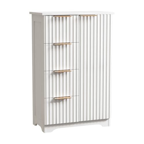 Image of VINGLI Fluted Sideboard Buffet Cabinet, Modern White Wood Storage Console with Doors and Drawers, Multi-Function Storage Cabinet for Living Room, Dining Room, Kitchen, White