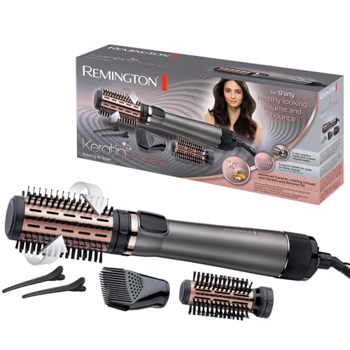 Remington Cepillo de Aire Voluminizador Giratorio Keratin Protect Moldeador de Pelo, Queratina y Aceite de Almendra, Cepillo Secador, 3 Accesorios, Cerámica, 1000 W, 2 Temp/Velocidades AS8811 Gris