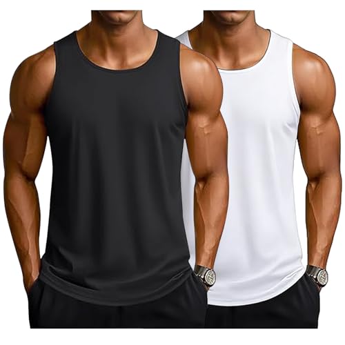 Recopilación de Ropa de Balonmano americano para Hombre Top 5. 45 TXC-JY 2 Pack Hombres Workout Tank Top Gym Muscle tee Fitness Bodybuilding Sleeveless T Shirts (MX/US, Alfa, Mediano, Regular, Regular, Negro + Blanco, Modelo con Escote bajo)