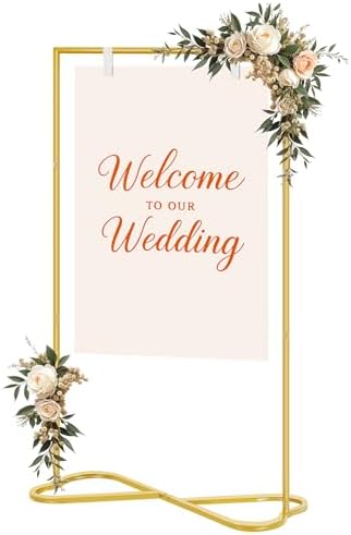 OUSHENG Wedding Welcome Sign Stand, Easel Poster Holder Metal Pictures Photo Board Rack with Heart Base for Reception Party Display Decor Decorations, Gold
