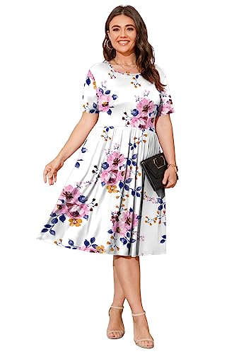 Image of POSESHE Womens Plus Size Summer Dress 2026 Casual Short Sleeve Empire Waist Loose Fit Swing T-Shirt Dress with Pockets