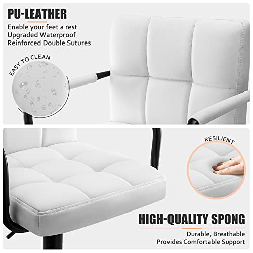 Huracan Bar Stools Set Of 2 Bar Chairs With Arms White Bar Stool With Back Swivel Barstools Counter Height Stools Adjustable Bar Chair Armrest Modern Island Chairs For Kitchen(White+Black Base, 2Pcs #TOP2