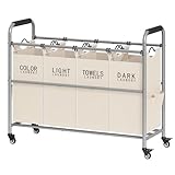 Tajsoon 4 Bag Laundry Sorter Cart, 4 Section Laundry Hamper Sorter with Heavy Duty Lockable Rolling Wheels, Laundry Separator Hamper with Removable Bags for Dirty Clothes Storage, Beige